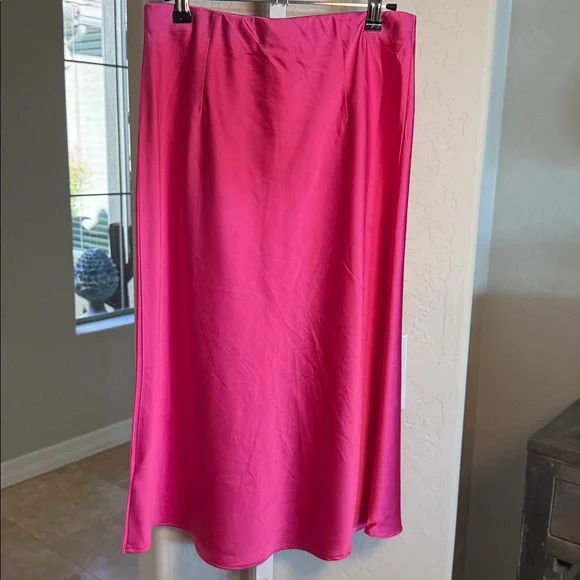 The Drop Elegant Hot Pink Women's satin slip midi skirt - Picture 7 of 7